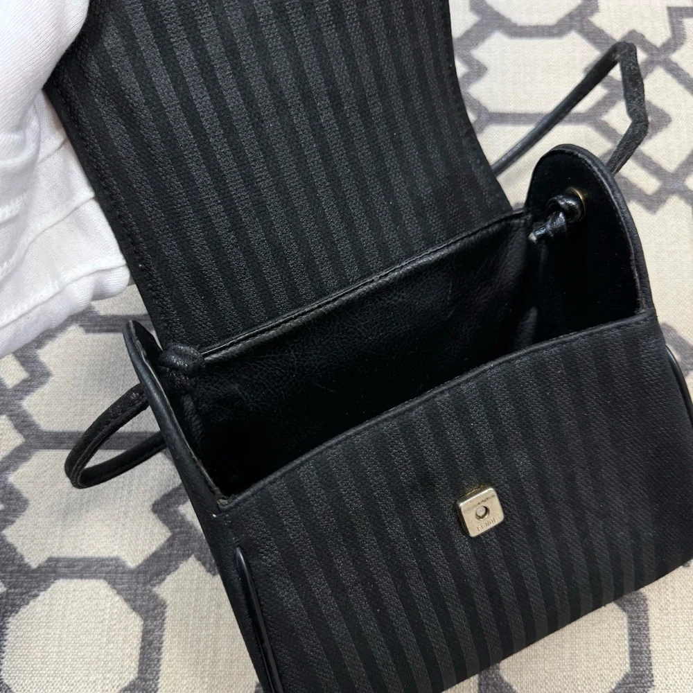 Fendi Vintage Striped Pequin Black Canvas Leather Small Mini Crossbody Bag Purse - Picture 12 of 17